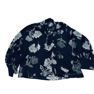 Who What Wear Black Floral Long Sleeve Blouse With Tie Neckline & Cuff Buttons W